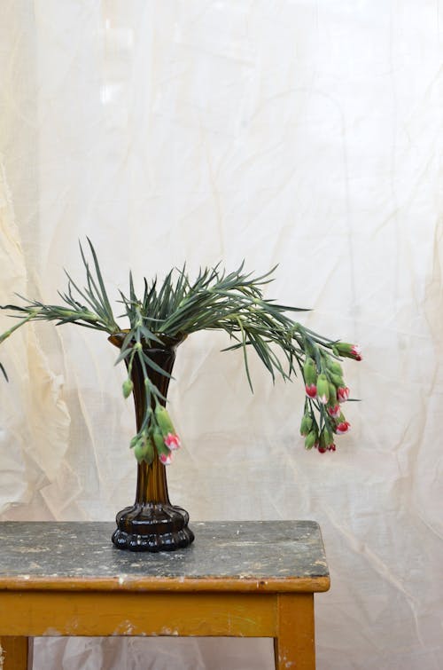 Vase with fresh flowers placed on wooden table