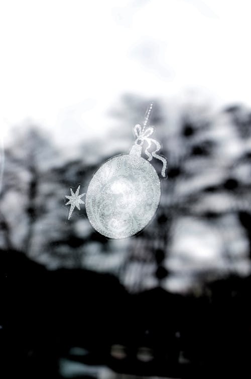 Boule De Noël Ronde En Argent En Photographie En Niveaux De Gris