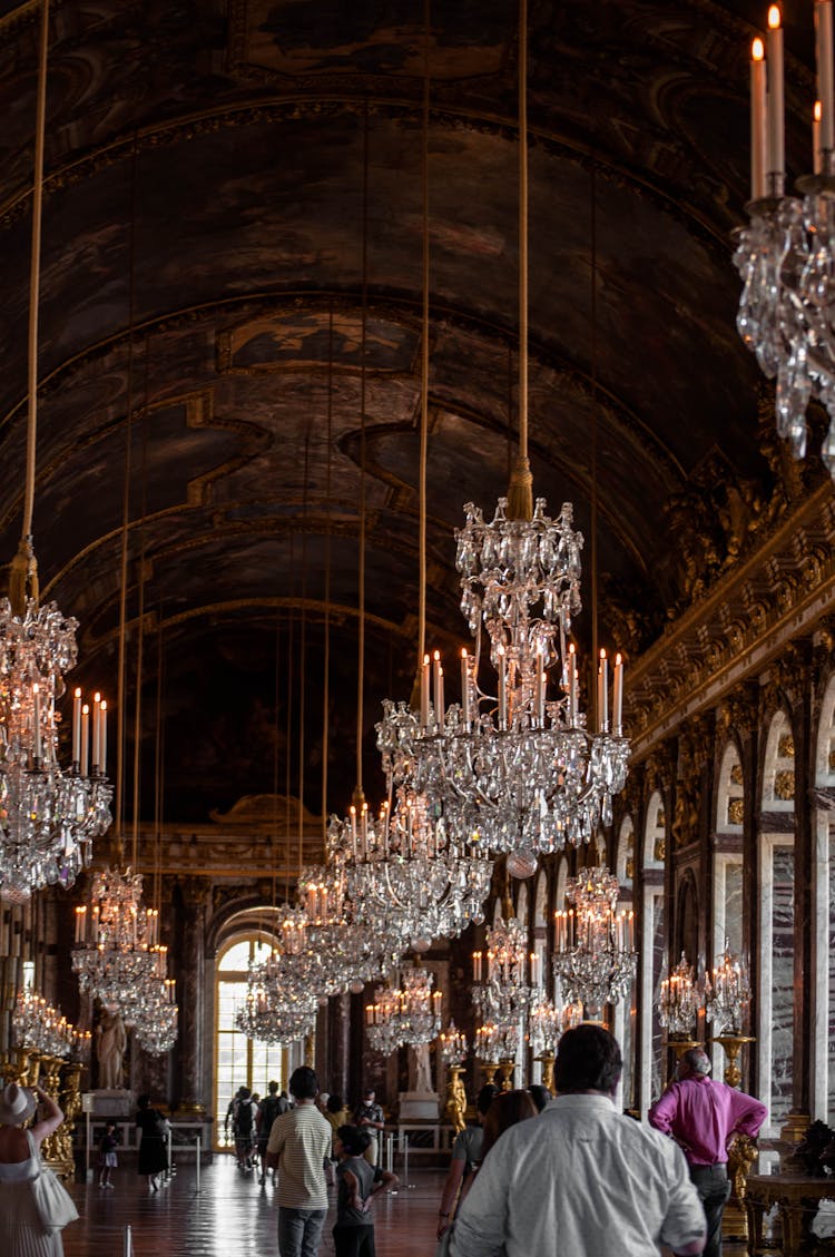 Dark Palace Interior With Round Ceiling And Crystal Chandeliers