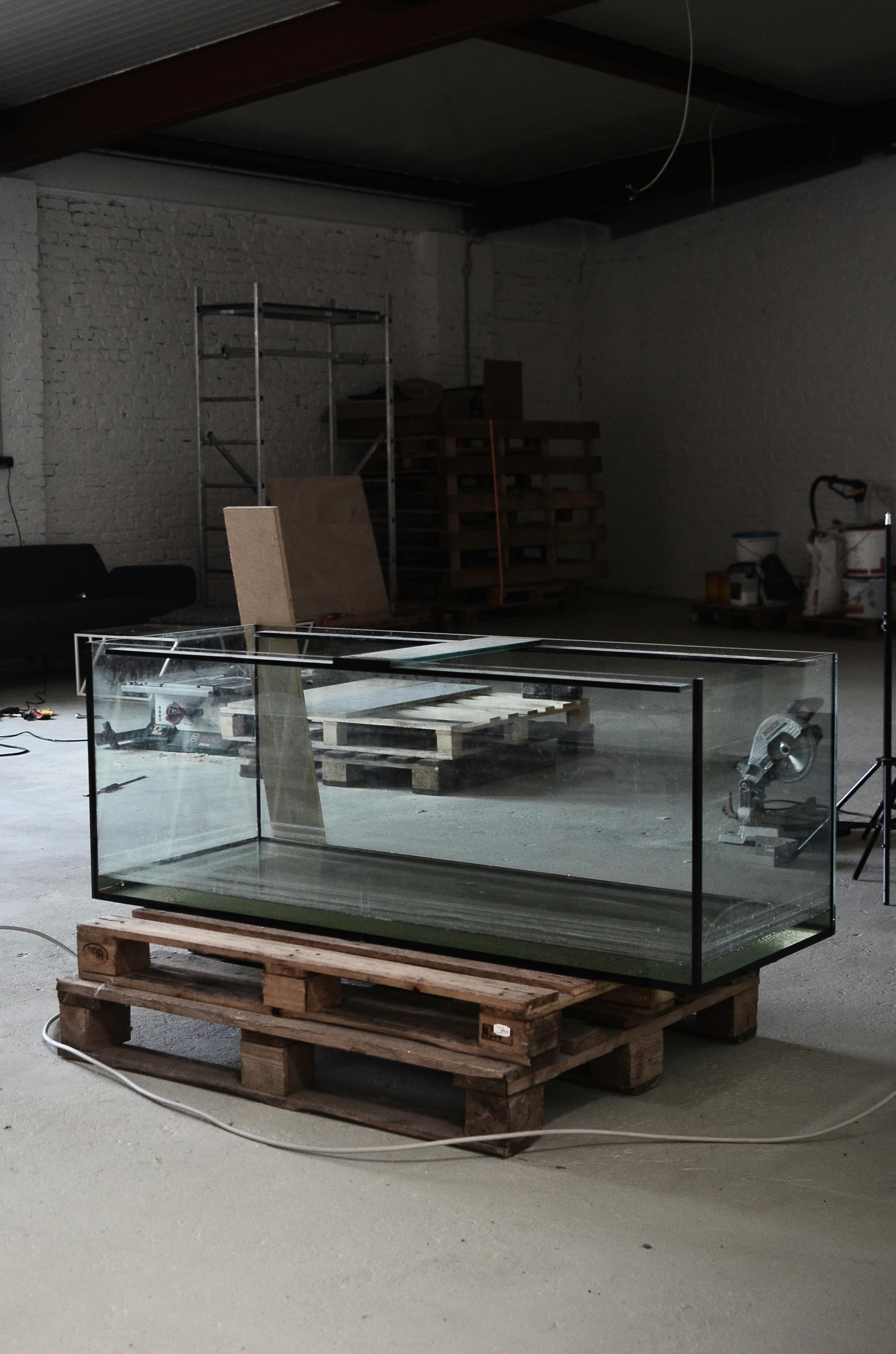 spacious room with empty aquarium placed on wooden stand