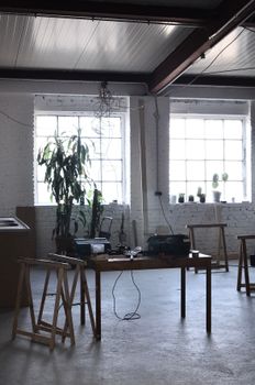 Interior design of spacious light studio with white brick walls and table in center and big green plant near window. pexels, 
