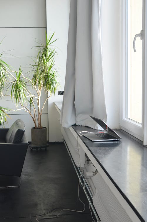 Contemporary netbook placed on windowsill near window with curtains in modern room with potted plant and armchair in stylish studio