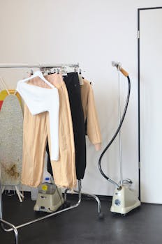 Stylish clothing displayed with a steamer and ironing equipment in a modern studio.