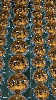 Bright golden spheres lined up, reflecting surroundings, perfect for festive decorations.