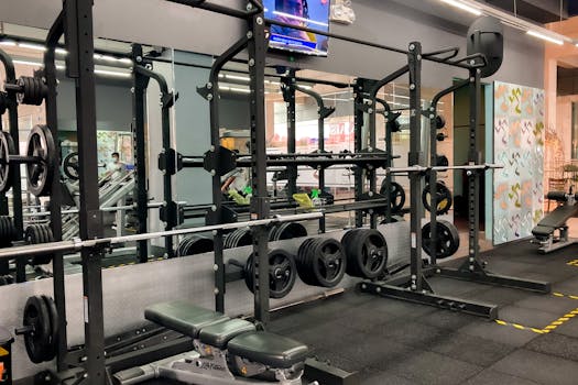 A spacious gym featuring benches, weights, and exercise machines for varied workouts.