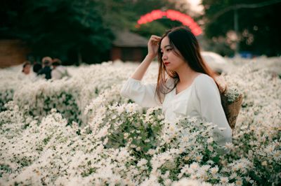 Woman in nature at sunset