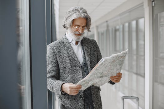 Elderly man with suitcase reads map in a bright airport corridor, planning his journey.