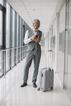 Elderly man with gray hair using cellphone while waiting in airport hallway with suitcase.