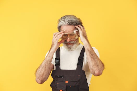 Senior bearded man in overalls adjusting safety glasses against a yellow background.