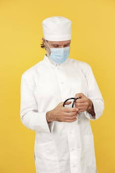 Medical professional wearing a surgical mask and holding a stethoscope on a vibrant yellow background.