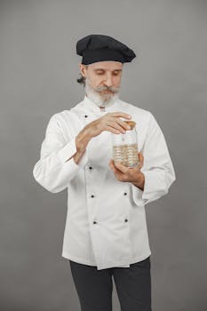 Chef in uniform examines a jar of oats against a neutral backdrop, showcasing culinary expertise.