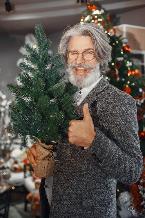 Man Wearing Eyeglasses Holding a Small Christmas Tree