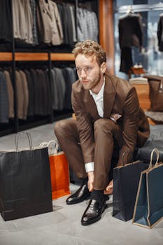 Man in a brown suit trying shoes surrounded by shopping bags in a boutique.