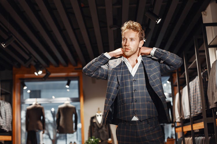 Handsome Man Wearing Blue Plaid Suit 