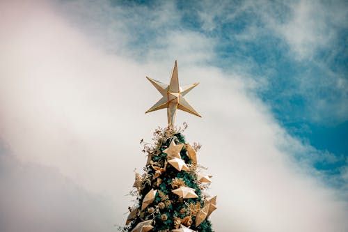 From below Christmas tree edge with golden star on top and decorative baubles against sunny blue sky