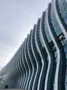 Low angle geometric facade of modern airport building with glass and concrete walls located in Simferopol