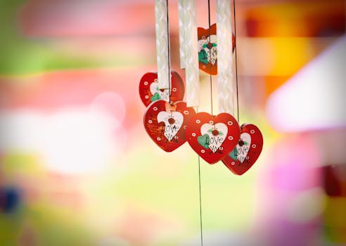 在色彩缤纷的模糊背景中，挂着爱情信息的活力心形装饰品格外醒目