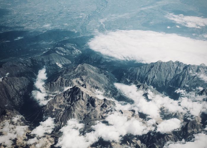 Drone shot of rugged mountain peaks