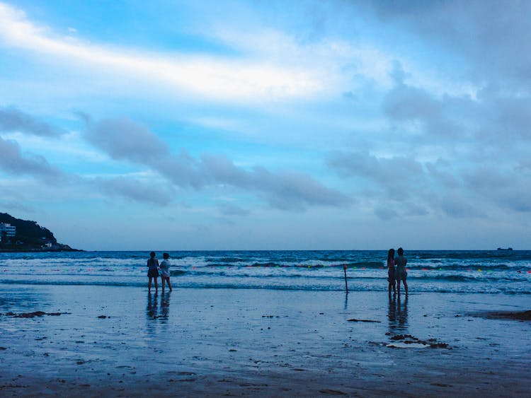 Two Couples Standing On The Beach 