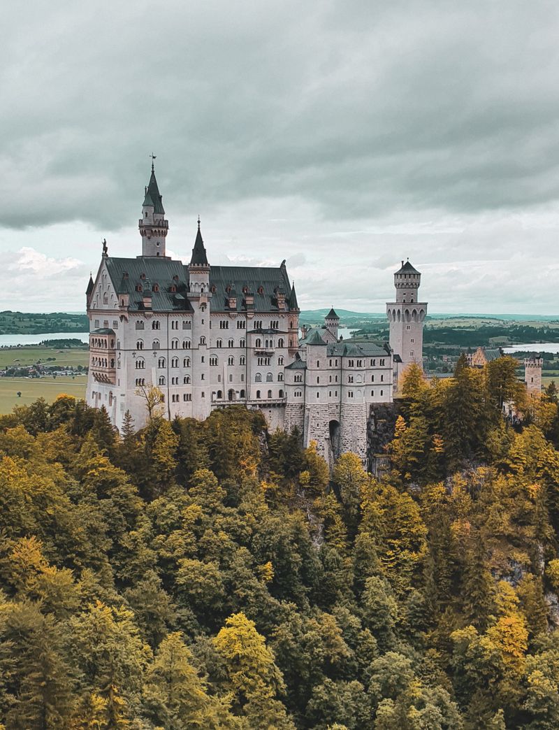 Castelul Neuschwanstein pe un deal, înconjurat de păduri verzi, în Schwangau, Bavaria