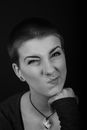 Grayscale Photo of Woman in Black Shirt