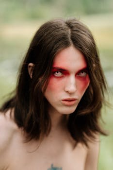 Ethereal portrait of a woman with dramatic red eyeshadow and soft focus background.