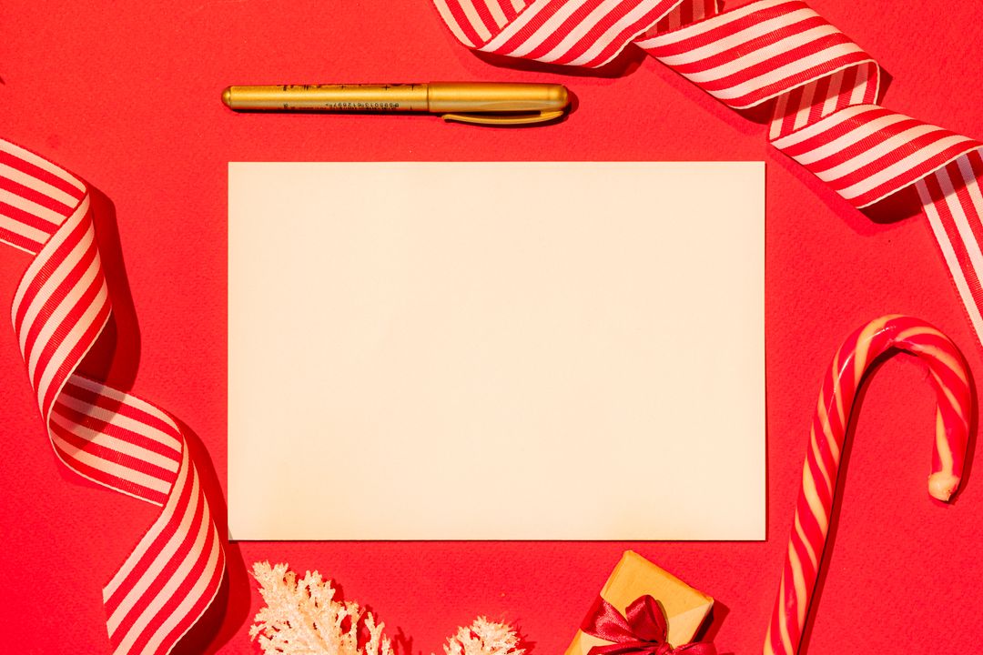 Top view of a blank card surrounded by Christmas decorations and candy cane.