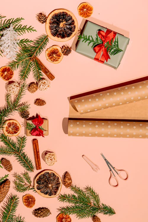 A Brown and White Gift Wrapper on the Table