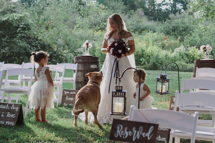 Happy Woman With Kids On Wedding Terrace