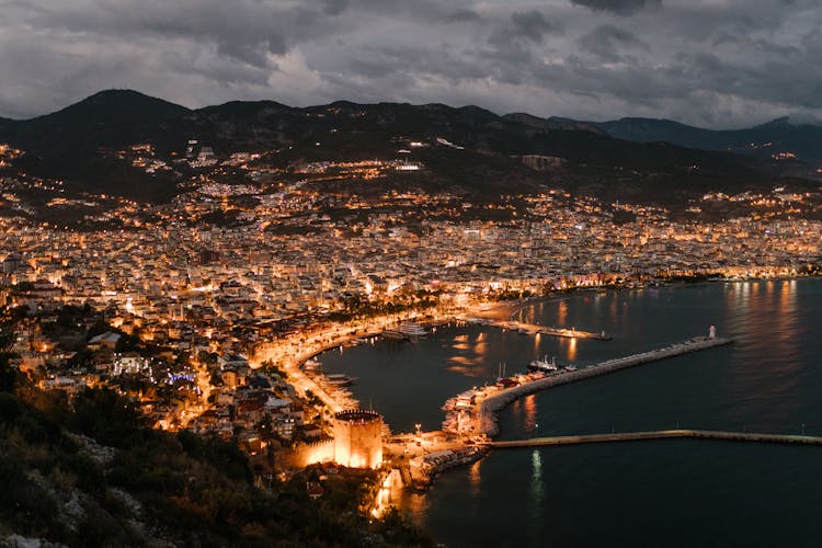 Picturesque Scenery Of Coastal Town In Night Illumination