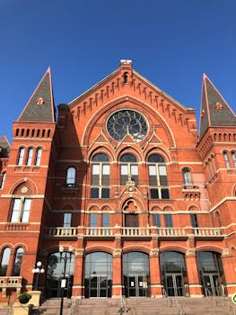 Facade of Cincinnati Music Hall, showcasing its historic architecture against a blue sky.
