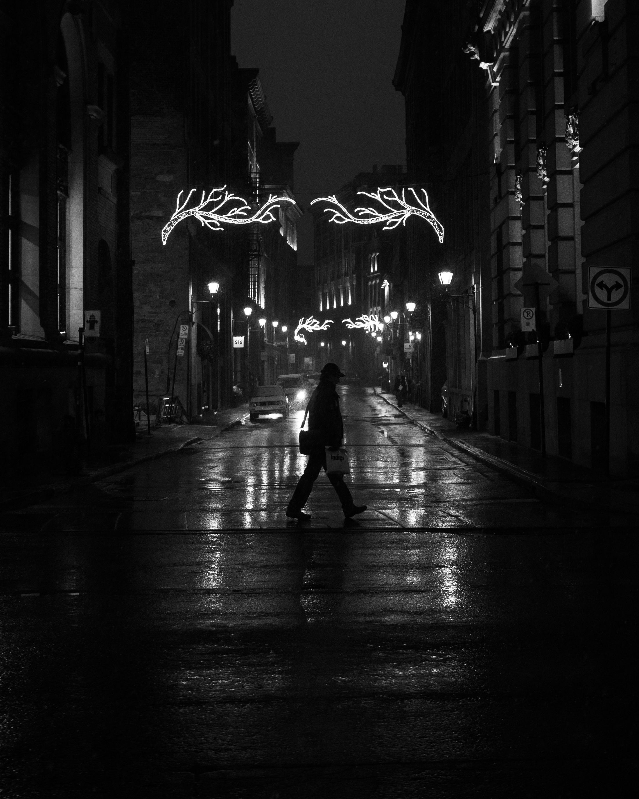 Atmospheric Old Montreal street at night