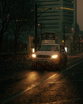 Captivating view of a car navigating through a rainy urban street in downtown Montreal at night.
