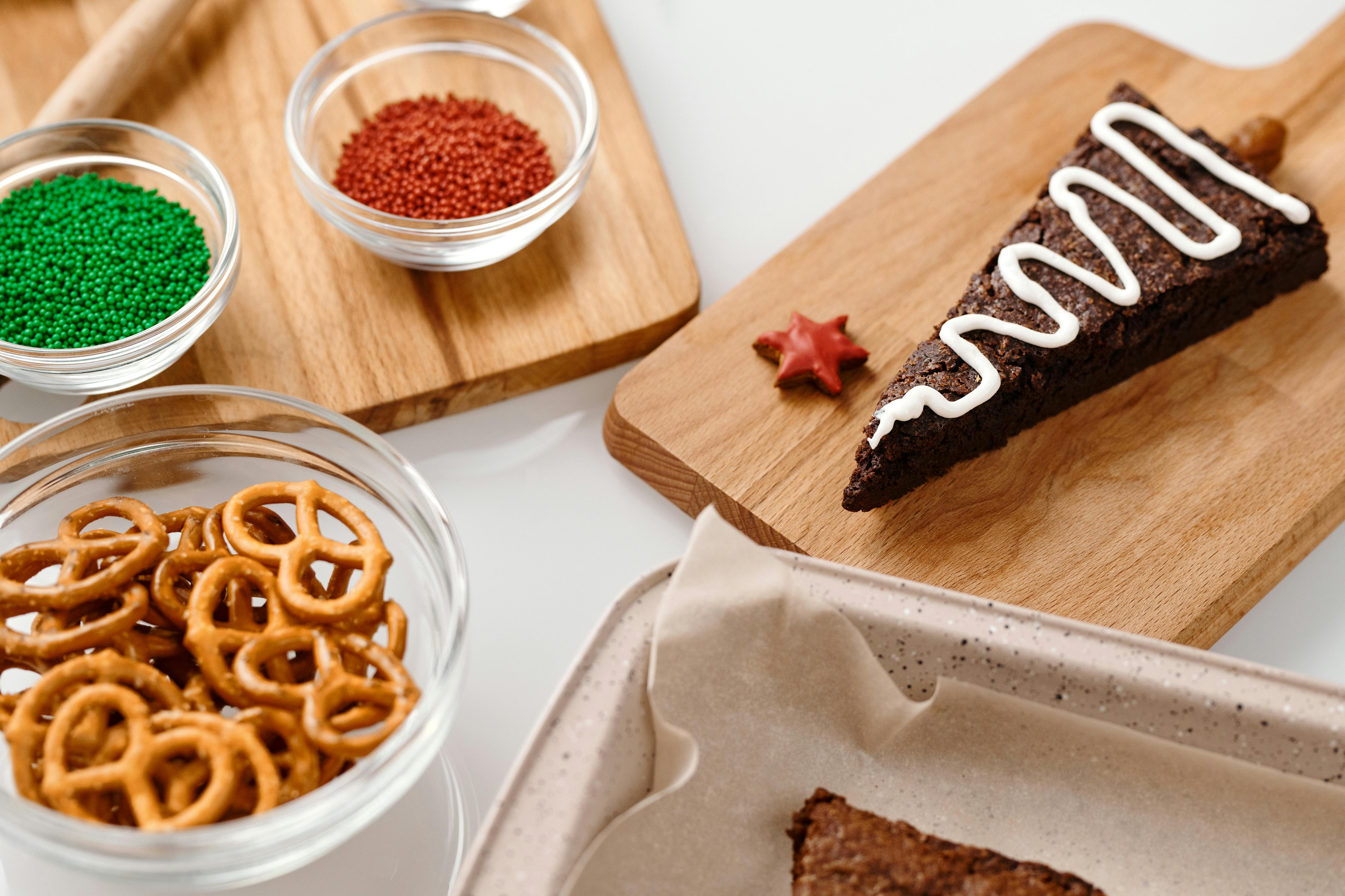 triangle shaped brown cookie on a wooden tray