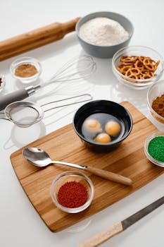 High-angle view of baking ingredients for festive cookies, including eggs, flour, and spices.