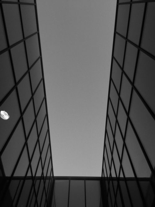Free A dramatic black and white shot capturing the symmetry of a modern glass building in İzmir. Stock Photo