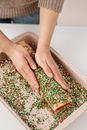 Person Putting Colorful Sprinkles on a Cake