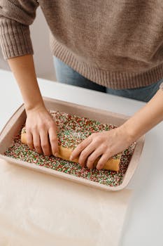 A person prepares festive cookie dough with colorful sprinkles in a kitchen.