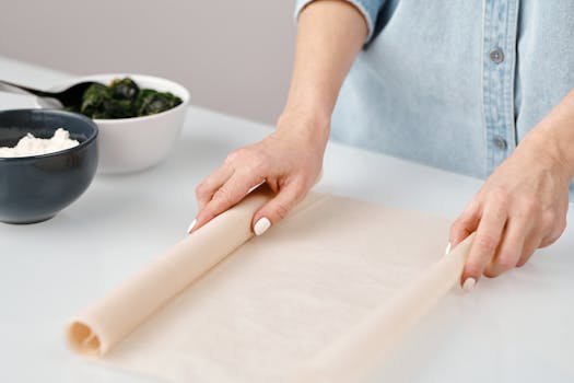 Person rolling dough for baking with ingredients on a kitchen counter.