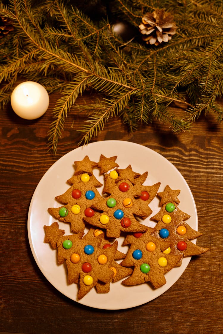 Top View Of Christmas Tree Shaped Cookies On A Plate