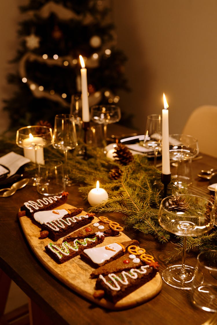 Christmas Brownies Served On Dinner Table