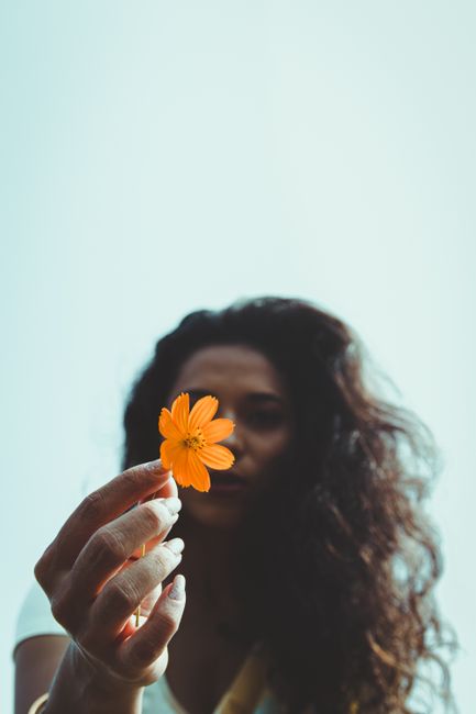 From below young female in casual outfit standing outside with yellow flower in hand under blue cloudless sky