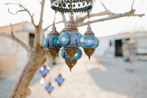 Lanterne Di Vetro Orientali Che Appendono Sull'albero Sfrondato