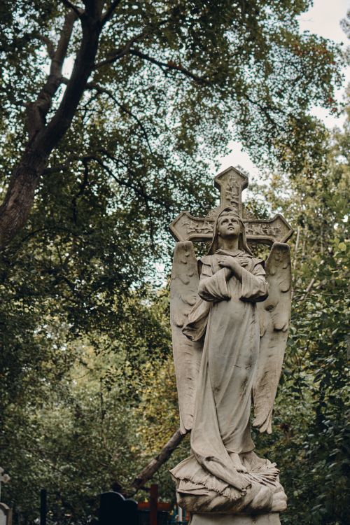 Free A tranquil angel sculpture stands amidst green trees in a peaceful cemetery, embodying serenity and artistry. Stock Photo