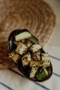 Sliced Zucchini on Black Ceramic Bowl