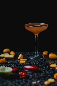 Elegant kumquat cocktail on dark marble, garnished with fresh fruits. Perfect for food and drink photography.