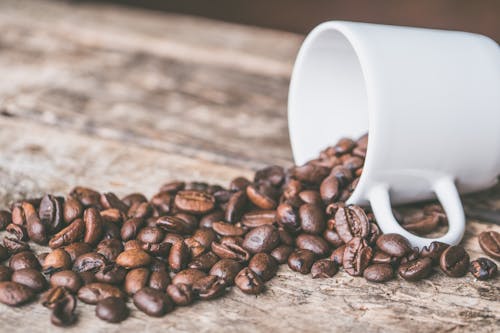 Ücretsiz Kahve çekirdekleri Ve Beyaz Kupa Stok Fotoğraflar