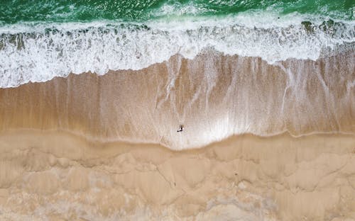 Aerial View of Beach Waves on Shore