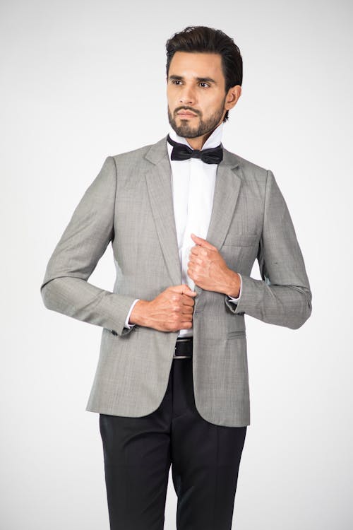 Free Man in Gray Suit Jacket Wearing Bow Tie Stock Photo