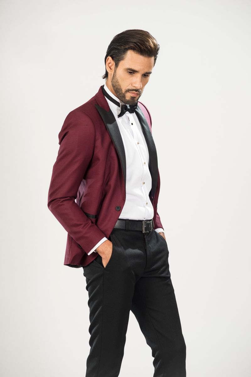 Wedding and Gala Look: burgundy tuxedo with bow tie